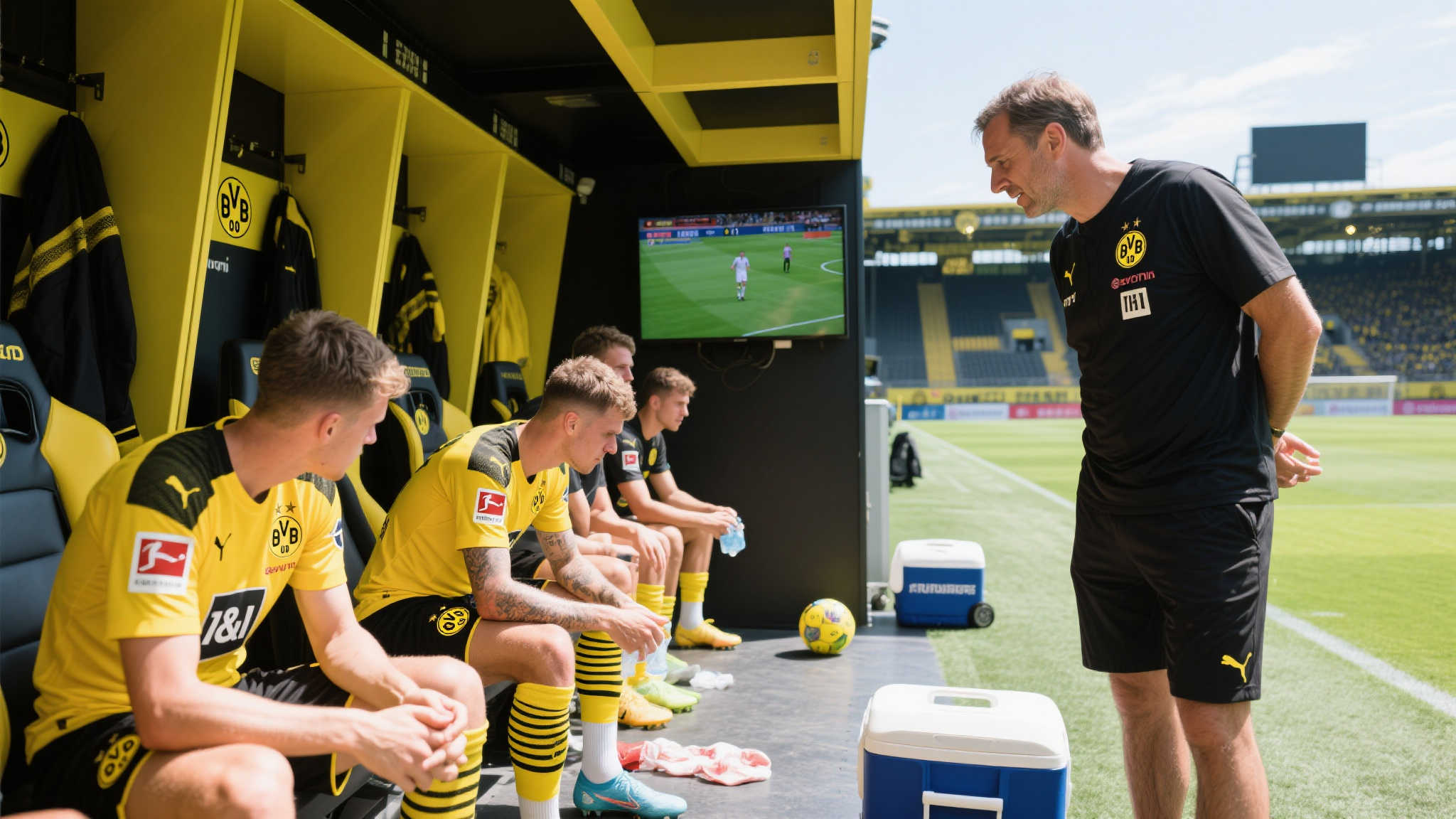 酷暑难耐，多特替补球员更衣室里关注上半场赛事